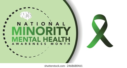 Minority Mental Health Awareness Month. Vector web banner for social media, poster, card, flyer. Text Minority Mental Health Awareness Month, July. Human head, a plant with leaves on white background.