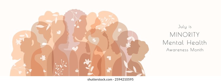 Minority Mental Health Awareness Month May banner template. Women, men and children. Great for cards, banners, posters, social media. Multicolored silhouette of diversity people.