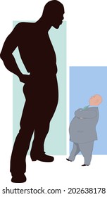 Minority. Silhouette of a black man towering over a comically small Caucasian man, showing a relativity of the term minority