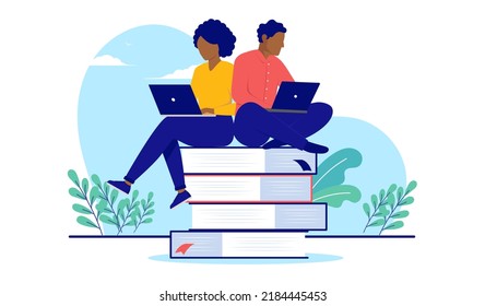 Minority Students And Education - Two Black People Sitting On Books Reading On Computer Studying And Educating Themselves. Flat Design Vector Illustration With White Background