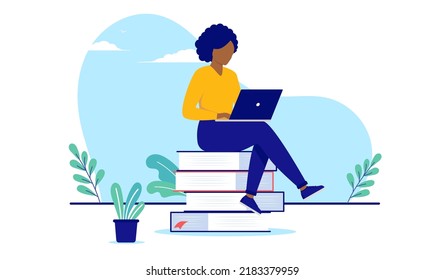 Minority woman education - Black female person sitting on books with computer studying and learning. Flat design vector illustration with white background