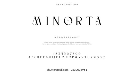MINORTA Elegant Font Uppercase Lowercase And Number. Classic Lettering Minimal Fashion Designs. Typography modern serif fonts regular decorative vintage concept. vector illustration