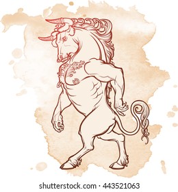 Minotaur ancient Greek mythical creature. Heraldic supporter. Sketch on grunge background. EPS10 vector illustration.