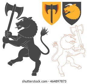 Minotaur with a Axe Illustration For Heraldry Or Tattoo Design Isolated On White Background. Heraldic Symbols And Elements