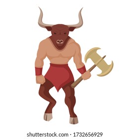 Minotaur with battle ax. Mythical greek colored powerful creature the half human bull legendary minotaur from cretan vector labyrinth ancient cannibal monster double ax combat clipart.