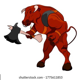 minotaur bull has prepared for battle and is holding a huge ax. Legendary monsters. Mythology of ancient Greece. Color illustration on white background