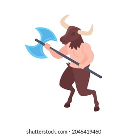 Minotaur character with big battle axe on white background isometric vector illustration