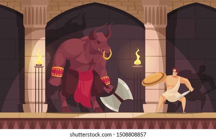 Minotaur fabulous mythical creature half man with bulls head tail fighting with theseus flat composition vector illustration 