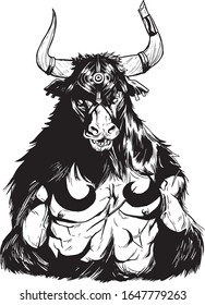 Minotaur fabulous mythical creature half man with bulls head tail fighting vector illustration