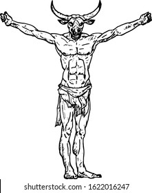 Minotaur, a Greek mythological monster. Hand drawn vector illustration.