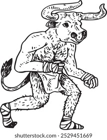 Minotaur - hand drawn vector illustration of mythological beast, half man, half bull