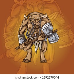 Minotaur holding hammer illustration. Minotaur cartoon character. Minotaur mascot vector