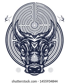 Minotaur and labyrinth tattoo and t-shirt design. Angry bull head. Myths of Ancient Greece, Minoan civilization 