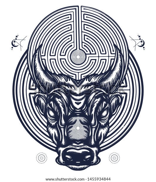 Minotaur Labyrinth Tattoo Tshirt Design Angry Stock Vector