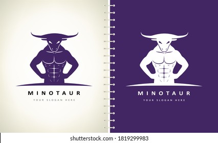 Minotaur logo bulls head and human body. Mythical creature design.