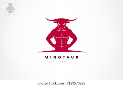Minotaur logo bulls head and human body. Mythical creature design.