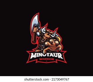 Diseño del logo de la mascota Minotaur. Ilustración vectorial de minotauro enojado. Ilustración de logotipo para mascota o símbolo e identidad, deportes de emblema o equipo de juegos de e-sports