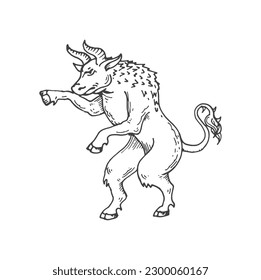 Minotaur medieval heraldic animal sketch. Mythical creature, fantasy minotaur or magic animal medieval coat of arms etching vector symbol. History heraldry sketch emblem with mythology bull beast