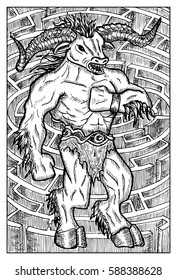 Minotaur monster and labyrinth. Hand drawn vector illustration. Engraved line art drawing, black and white doodle. See all fantasy collection in my portfolio set.