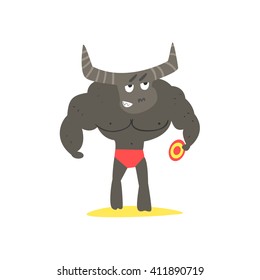 Minotaur  Monster On The Beach Childish Funny Flat Vector Illustration Isolated On White Background