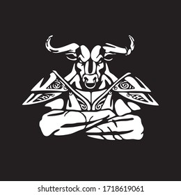 Minotaur - mythical fabulous creature in Ancient Greek mythology character. Half man with bulls head. Hand drawn sketch. White silhouette on black background. Isolated vector illustration