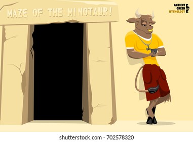 The minotaur stands near the maze. Vector illustration.