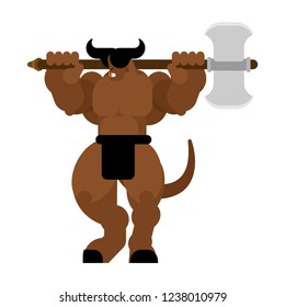 Minotaur strong. Powerful half human half bull. Mythical Monster with weapons