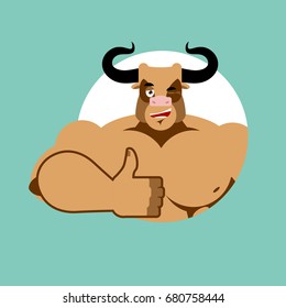 Minotaur Thumb up shows well. Ancient Greek Mythical beast. Monster with bull head
