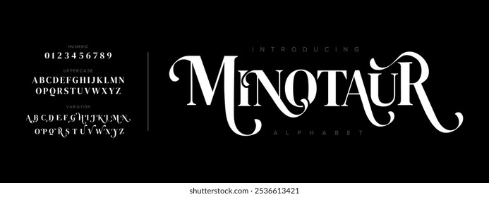 Minotaur typography beauty fashion elegant minimalist serif italic fonts decorative wedding vintage retro logos. Minimal luxury font alphabet logo. Vector illustration