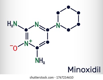 Minoxidil molecule. It is an antihypertensive vasodilator medication, is used to treat hair loss. Structural chemical formula. Vector illustration