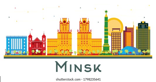 Minsk Belarus City Skyline with Color Buildings Isolated on White. Vector Illustration. Business Travel and Tourism Concept. Minsk Cityscape with Landmarks.