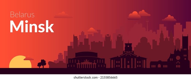 Minsk, Belarus famous city sunset view banner. 