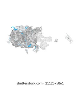 Minsk, Bielorrusia mapa vectorial de alta resolución con límites de ciudad y caminos editables. Bordes blancos para las carreteras principales. Muchos caminos detallados. Formas y líneas azules para el agua.