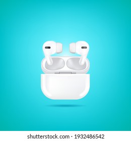 MINSK, BELARUS - MARCH 8, 2021: Newly Apple AirPods White Color Isolated On Turquoise Background. 3d Realistic Vector AirPods Mockup