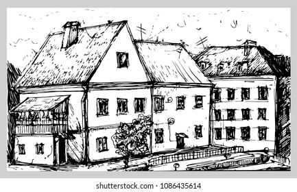 Minsk Belarus, Trinity Suburb - vector sketch for postcards, posters and covers.Ink hand drawing on white background - old architecture buildings and structures, protected historical heritage culture