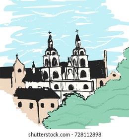 Minsk church sketch. Stock vector illustration of sketched street view with historic buildings in summer time. Hand drawn city for greeting cards, postcards.