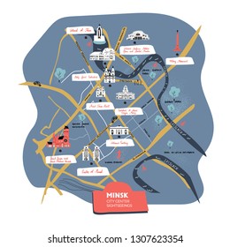 Minsk city center sightseeings cartoon map with what to see in the capital of belarus, things to do, main attractions, tour