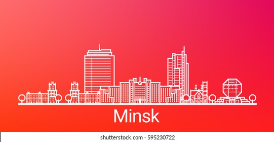 Minsk city white line on colorful background. All Minsk buildings - customizable objects with opacity mask, so you can simple change composition and background. Line art.