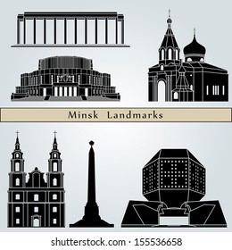 Minsk landmarks and monuments isolated on blue background in editable vector file