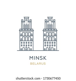 Minsk, ‎Belarus. Line icon of the city in Eastern Europe. Outline symbol for web, travel mobile app, infographic, logo. Landmark and famous building. Vector in flat design, isolated on white