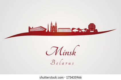 Minsk skyline in red and gray background in editable vector file