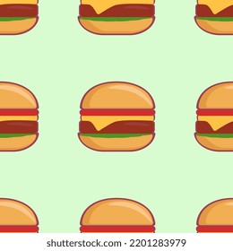 Mint background with a picture of a burger. Light seamless pattern.