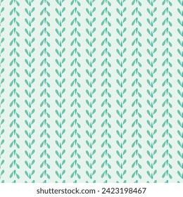 A mint background shows off vertical columns of green leaves made with teardrop shapes creating a repeat vector seamless pattern design.