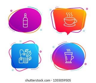 Mint bag, Brandy bottle and Cappuccino icons simple set. Latte sign. Mentha tea, Whiskey, Espresso cup. Tea glass mug. Food and drink set. Speech bubble mint bag icon. Colorful banners design set