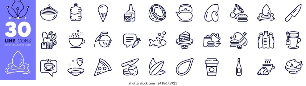 Mint bag, Coffee and Seafood line icons pack. Coconut, Croissant, Chat bubble web icon. Water splash, Burger, Coffee cup pictogram. Whiskey glass, Pasta, Knife. Champagne, Sunflower seed. Vector