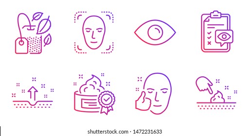 Mint bag, Face detection and Eye checklist line icons set. Healthy face, Cream and Clean skin signs. Eye, Skin moisture symbols. Mentha tea, Detect person. Medical set. Gradient mint bag icon. Vector