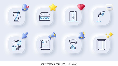 Mint bag, Ice tea and Tea mug line icons. Buttons with 3d bell, chat speech, cursor. Pack of Door, Open door, Floor lamp icon. Mattress, Box size pictogram. For web app, printing. Vector