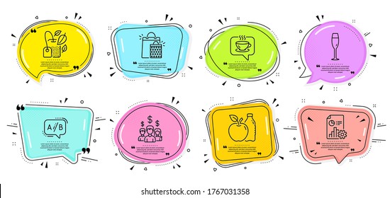 Mint bag, Report and Apple signs. Speech bubbles with quotes. Salary employees, Coffee and Champagne glass line icons set. Ab testing, Shopping bags symbols. People earnings, Cafe. Vector