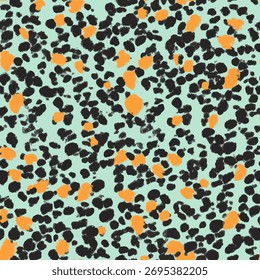Mint and black leopard print pattern with orange accents, grunge ikat pattern, stamp seamless pattern, linin texture, Vector illustration background for print the paper.