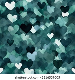 Mint Black and White Tons of Hearts: Abstract Watercolor Seamless Pattern 
